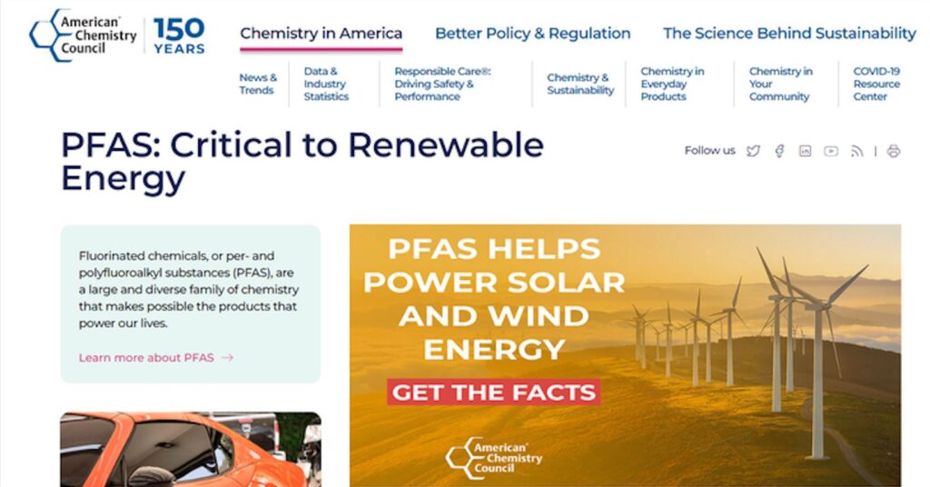 På kemikalieorganisationen American Chemistry Council är man helt öppna med problemen och säger att PFAS är “nödvändigt” i den gröna omställningen. Foto: Ekstrabladet screenshot från American Chemistry Council.
